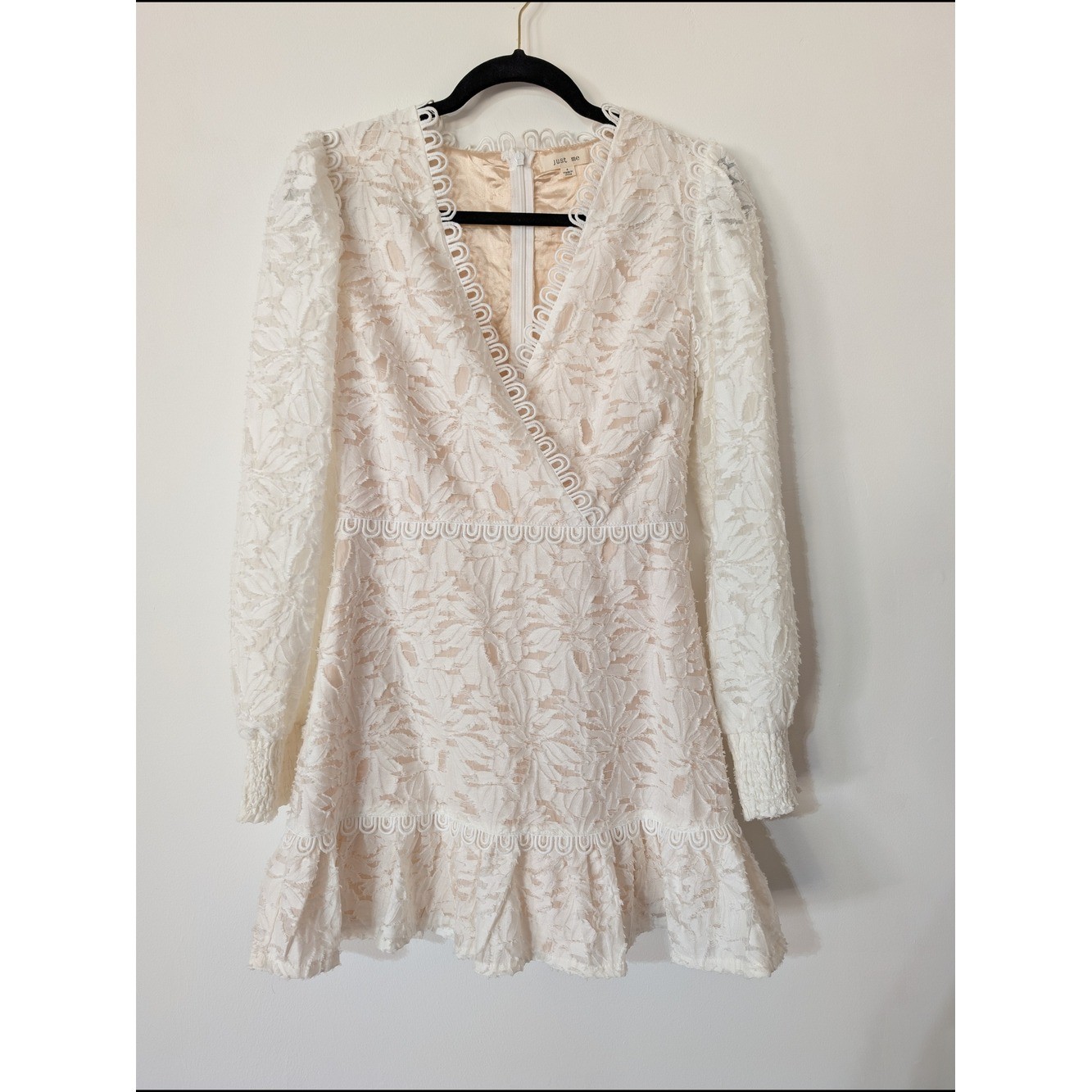 Ivory Lace Long Sleeve V-Neck Mini Dress Sz S Bachelorette Bridal Shower Wedding