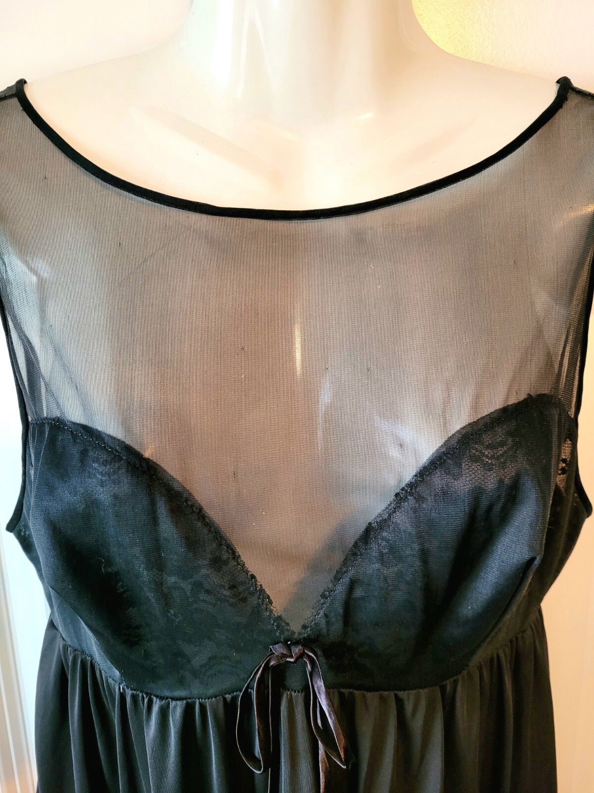 Vintage Evette Black Sheer Over Lace Nightgown Medium