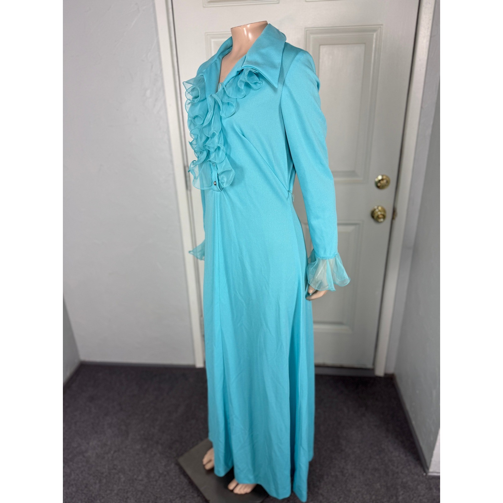 Vintage 70s Dress Bridesmaid Maxi Polyester Knit Party Formal Evening Ruffle NN3