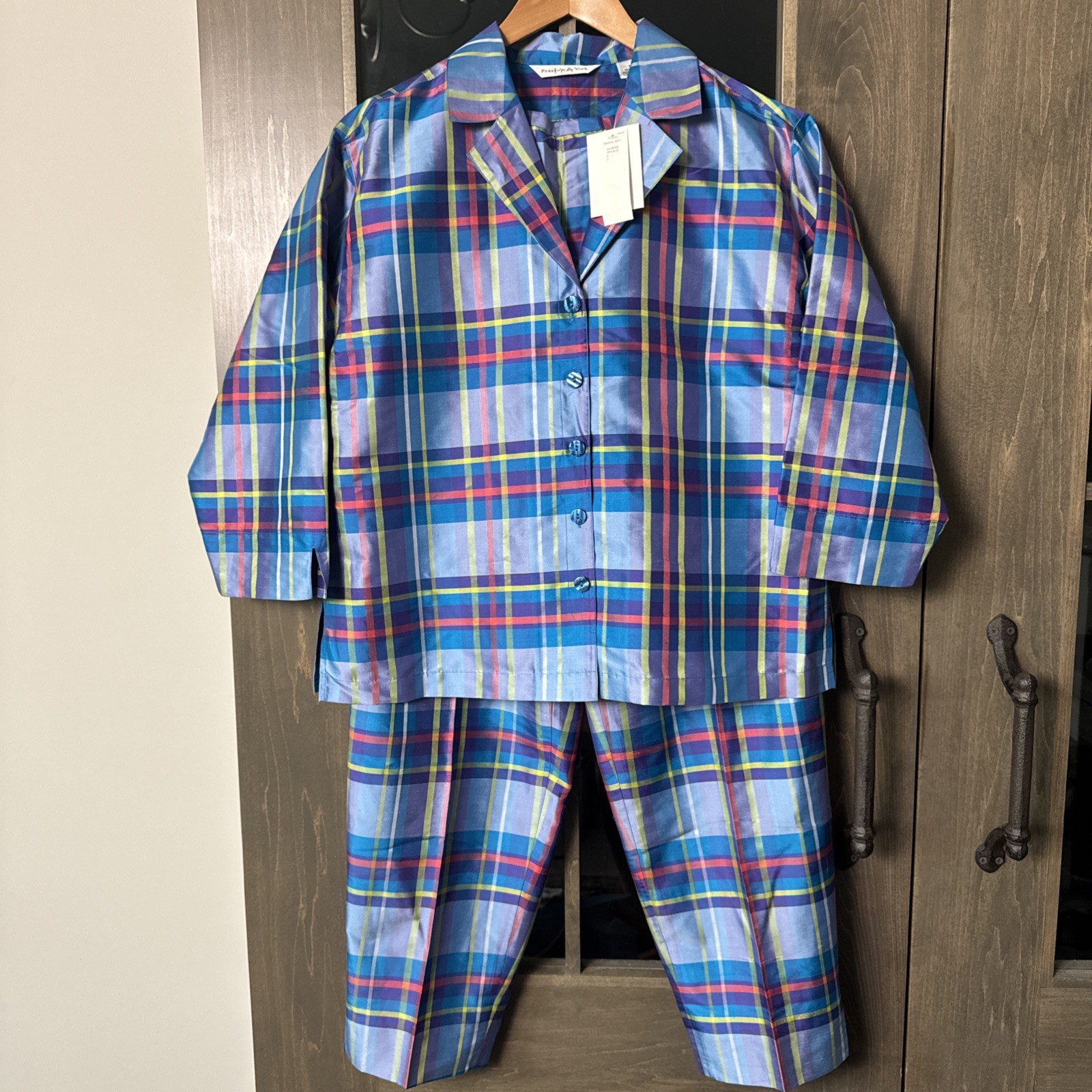 Vintage 90s Preston & York Silk 2pc Pajama Set Top Pants Plaid Womens M/ L Blue