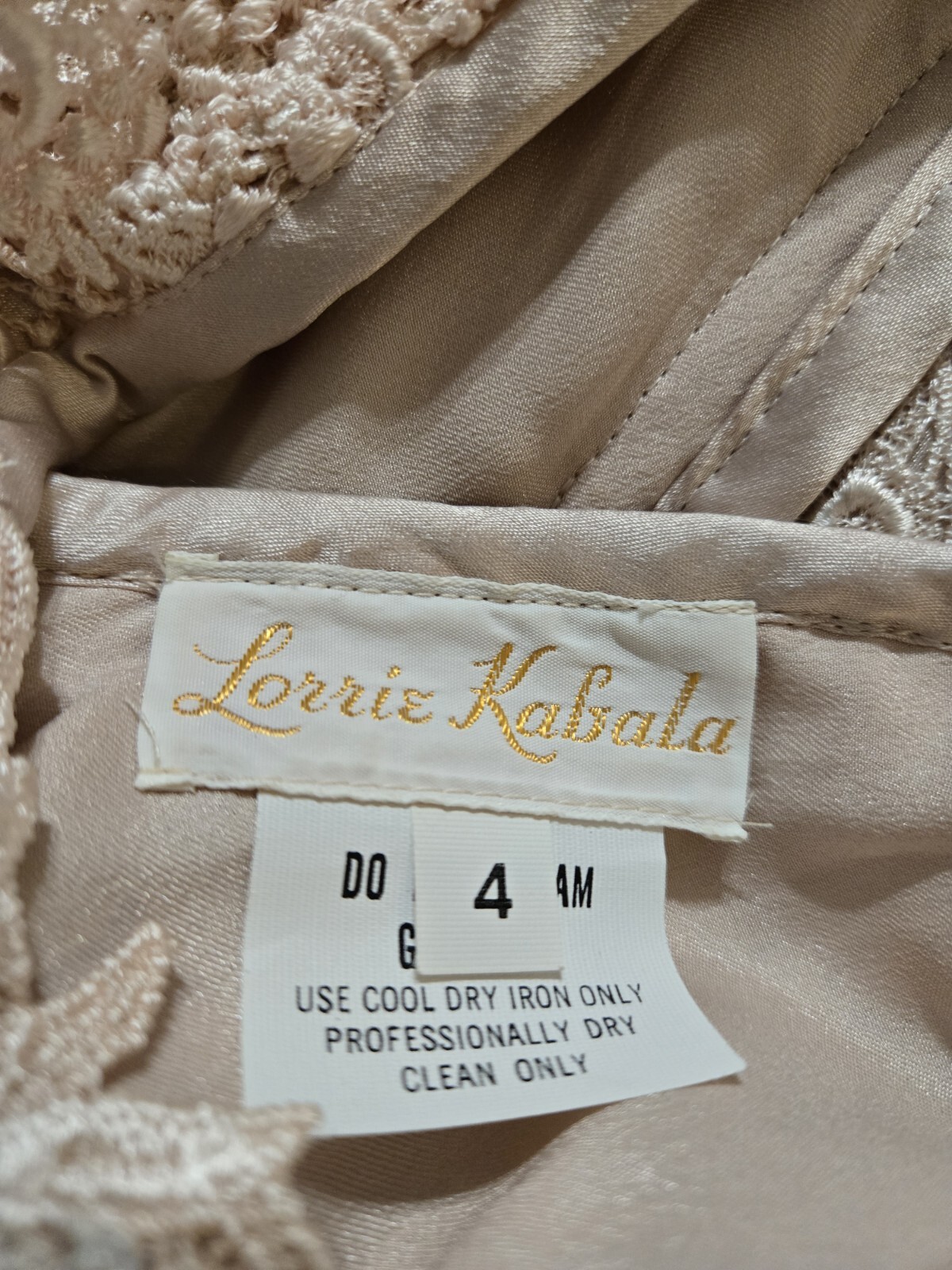 Lorrie Kabala Dress Vinage 80s Victorian Style Champaign Ruched Lace Beaded Sz 4