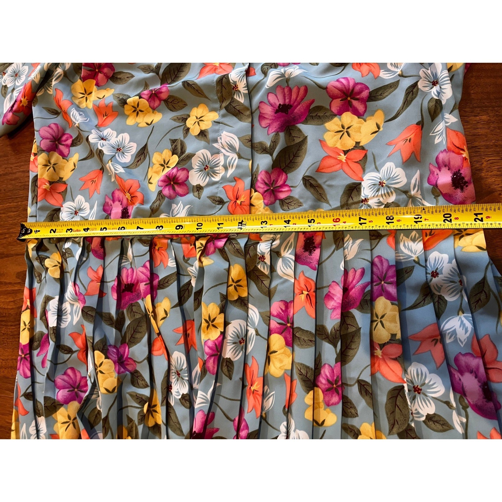 Lady Carol of New York Vintage Floral Pleated Midi Dress Blue Short Sleeve 80s