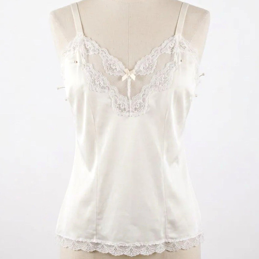 ILGWU Bari White Nylon Satin Lingerie Camisole Top w/ Lace Trim