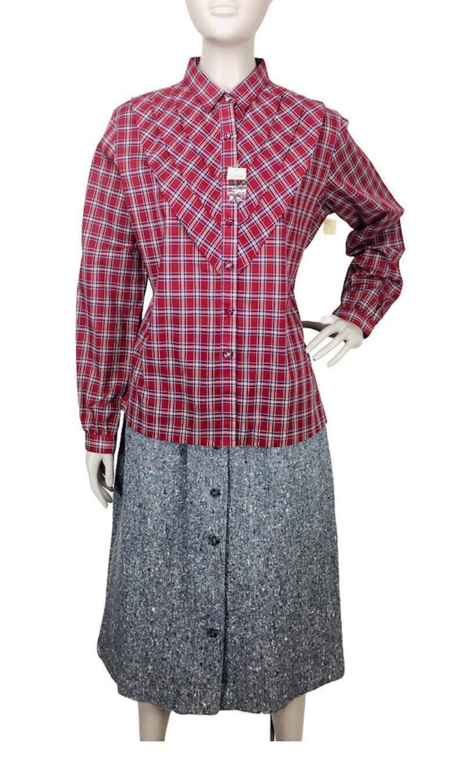 Vintage 80s Boho Western Cowgirl Plaid Ruffle Front Button-Down Blouse NEW