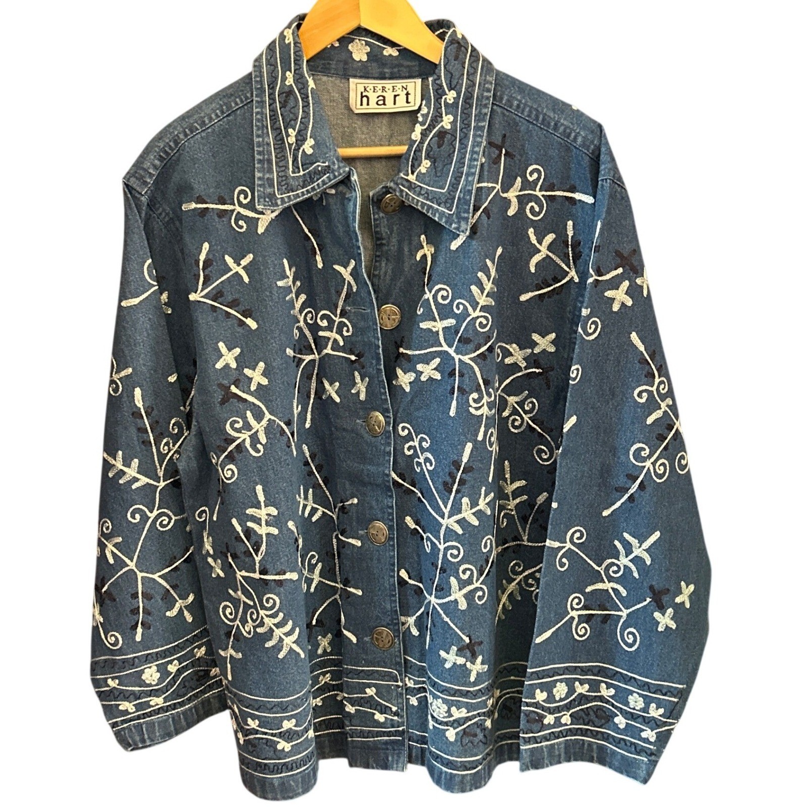 Vintage Keren Hart Denim Jacket Cottagecore Boho Art To Wear Coastal Grandma