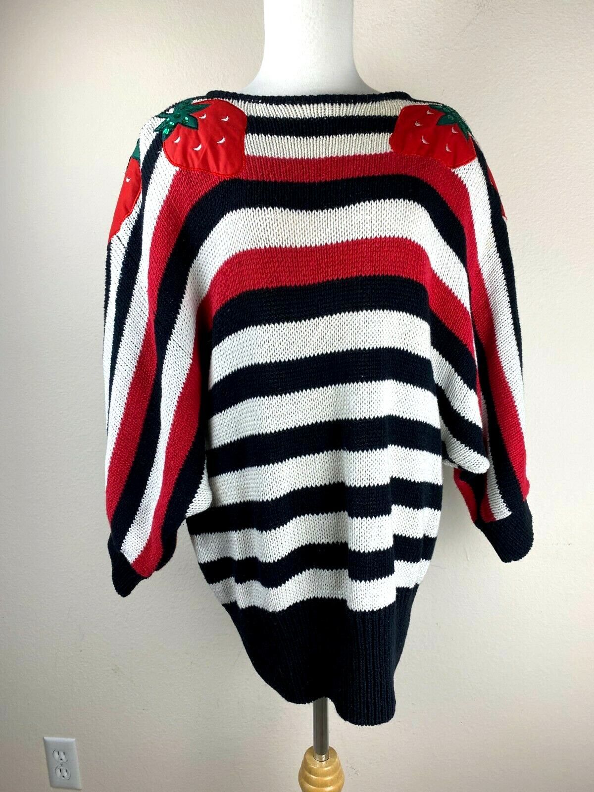 VTG 80s Bonnie Boerer Grannycore Batwing Chunky Sweater S Red Black Striped Knit