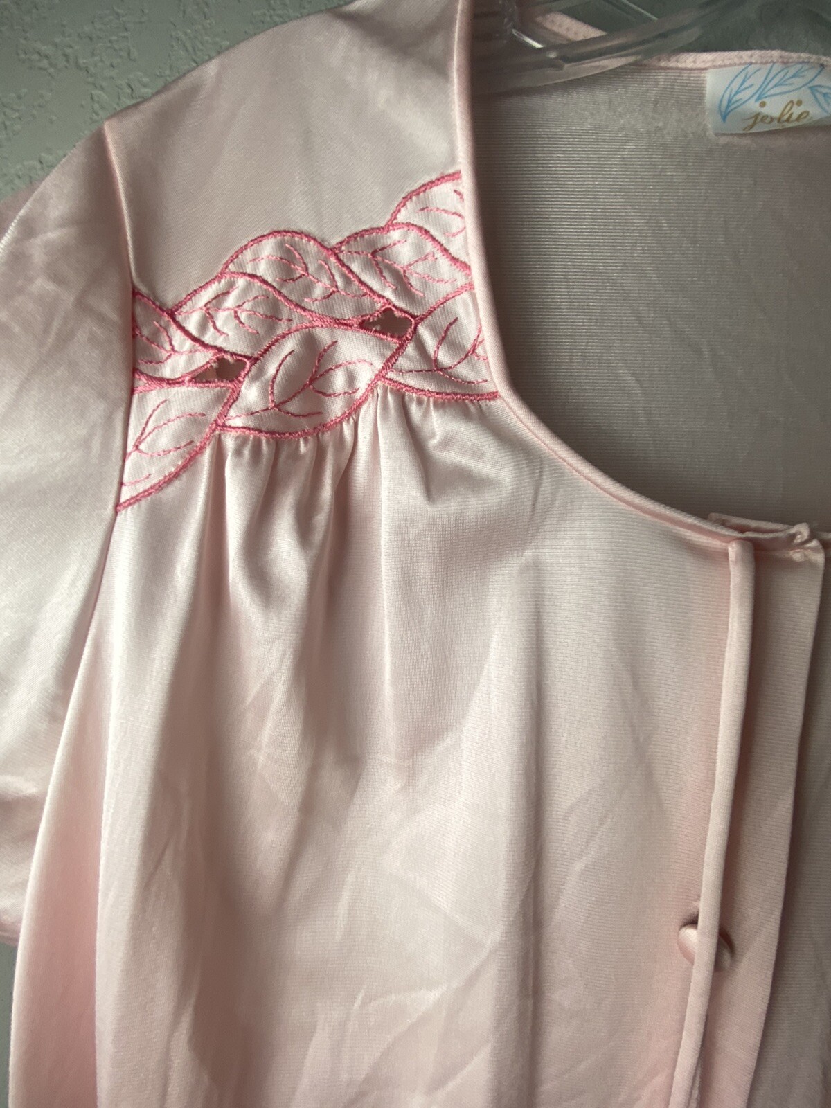VTG Jolie Two Peignoir Nylon Silky Shiny Pink Sheer Flowers Embroidered MED