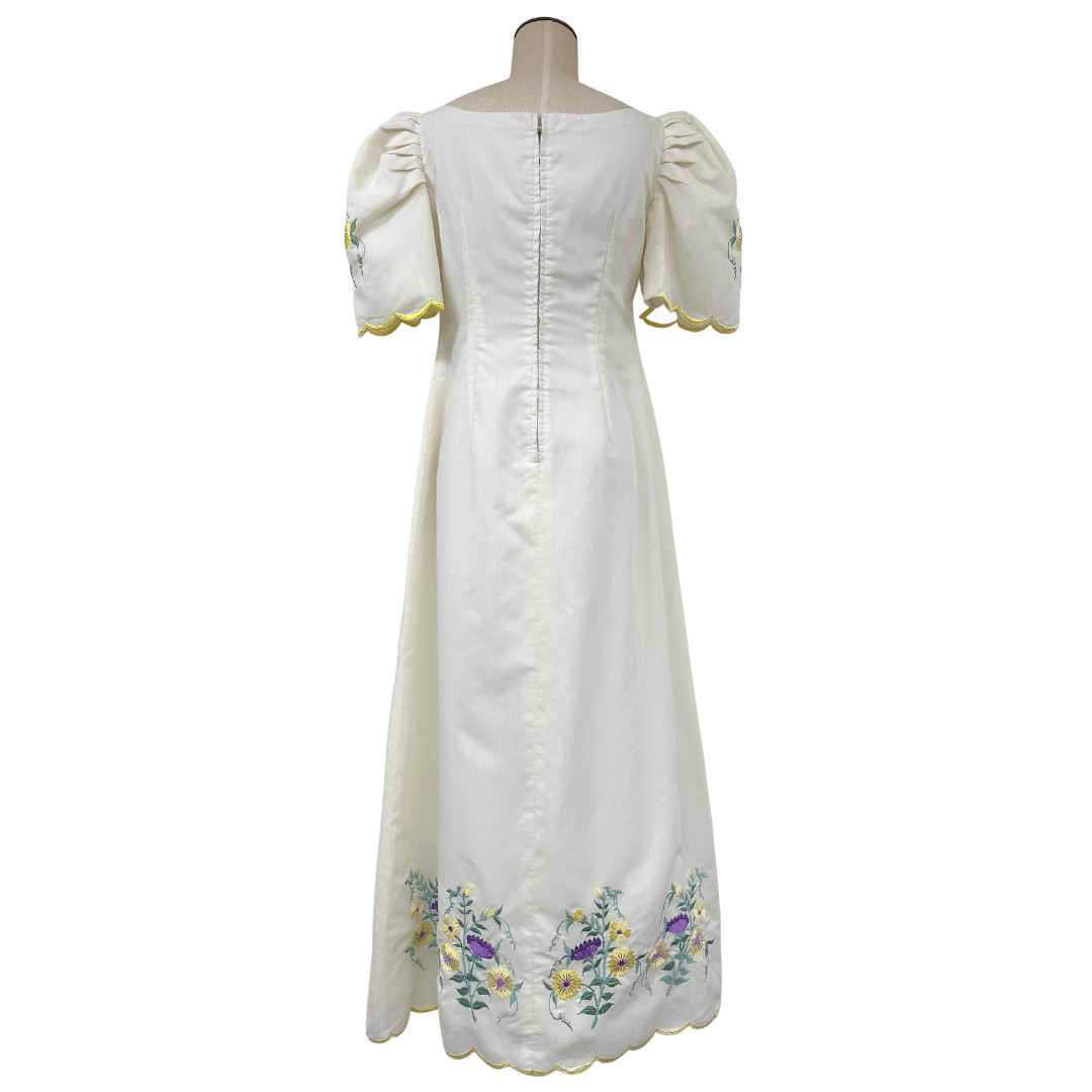 Vintage 1960s La Roncal Olongapo Filipiniana Puff Sleeve Embroidered Dress
