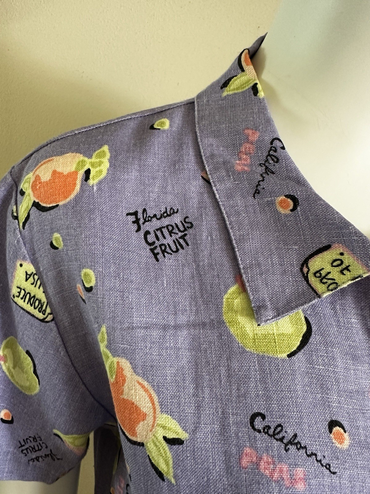 Vintage 90s Linen Novelty Citrus Fruit Shirt Dress Purple Button Front Kiko S M