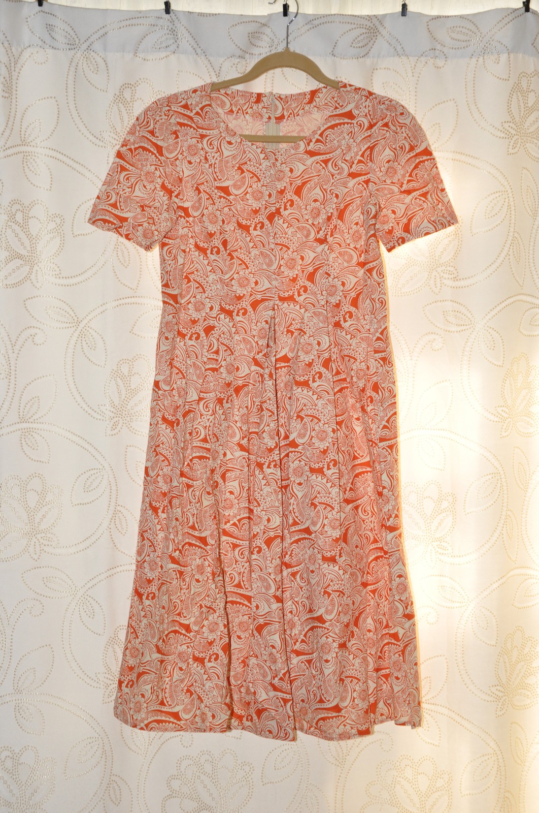 60s Vintage Orange Cream Cotton Floral Pleated Full Skirt Midi Day Dress Women S