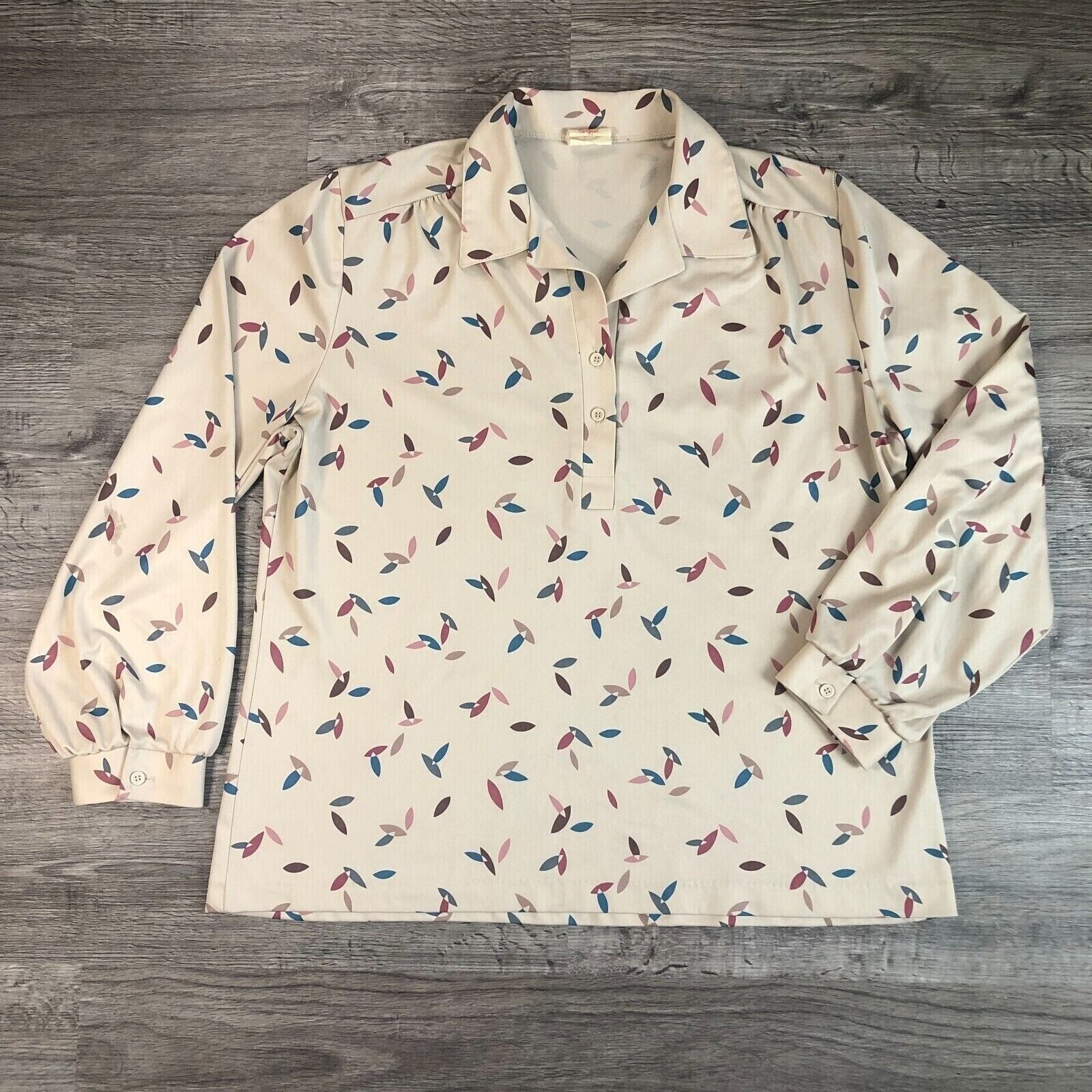 Vintage Retro Nikki Beige MultiColor Leaves Half Button Casual Blouse Top Sz 38