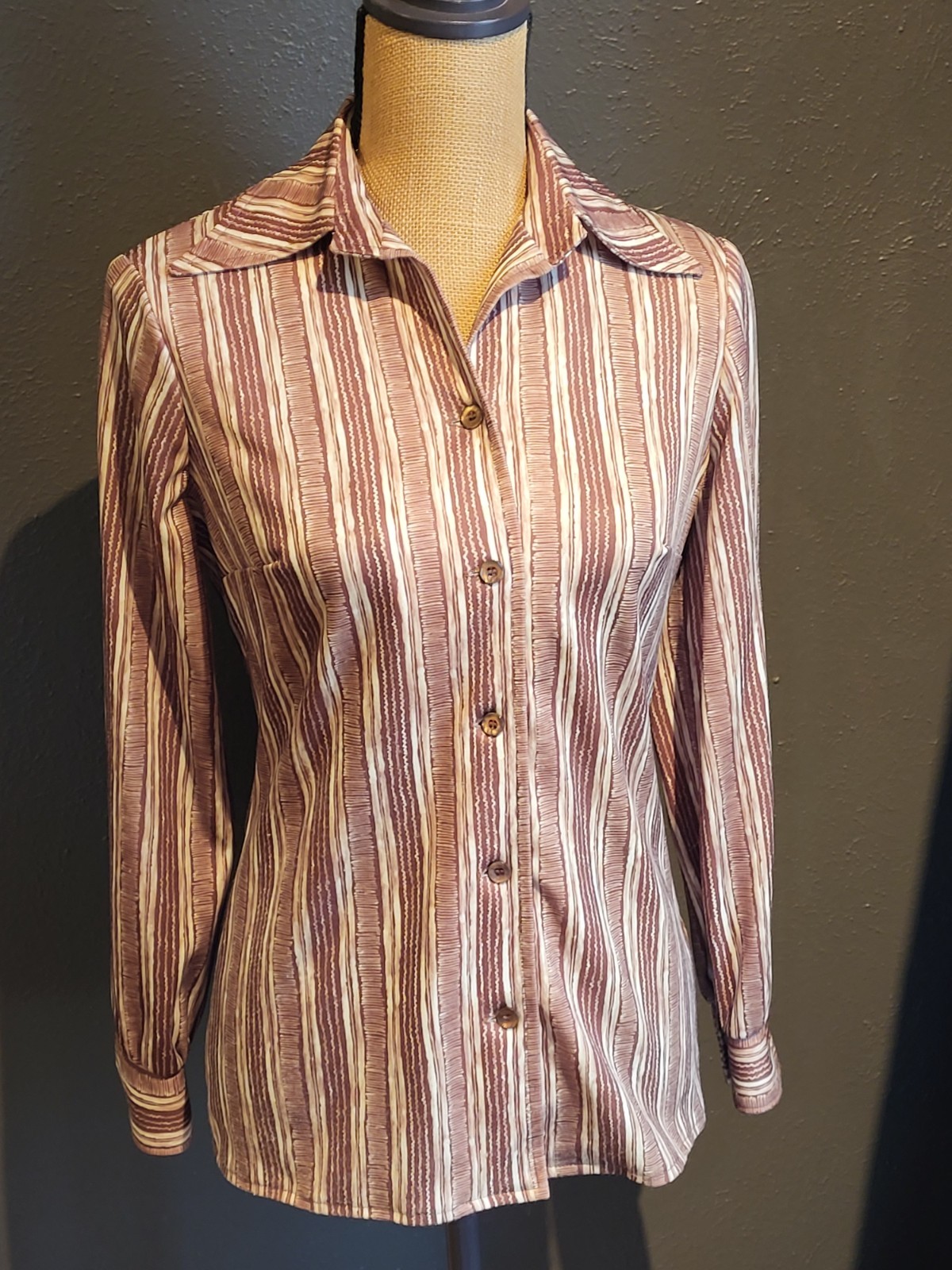 Mr. Mench Dallas 1970s Polyester Button-up Blouse Brown/Tan Medium