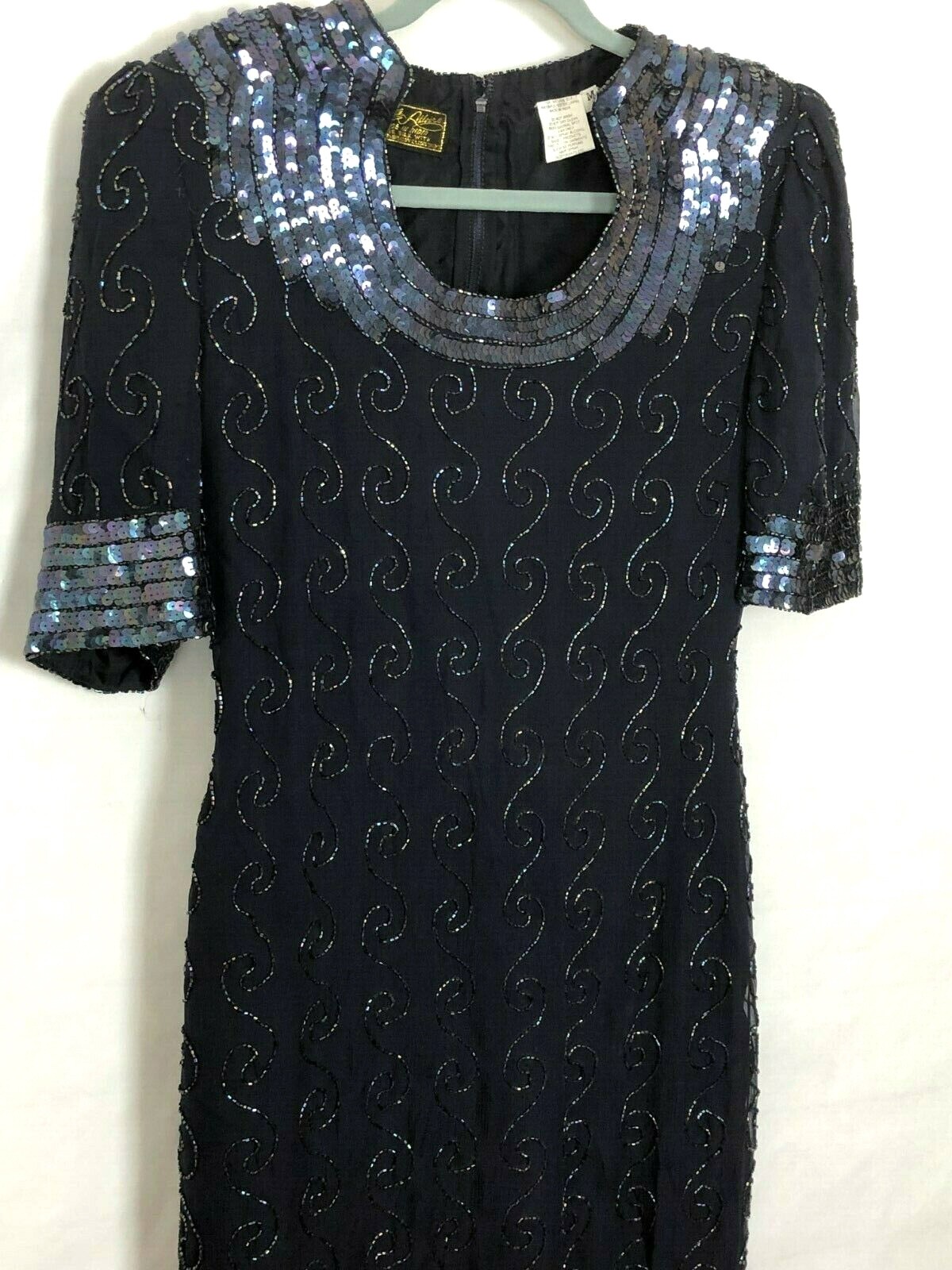 Vtg 80s Sequin Beaded Silk Dress M Glam Goth Dark Cocktail Sparkle Deco