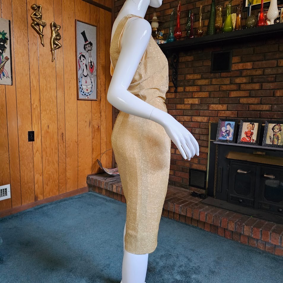 Vtg 50s 60s Lilli Diamond Gold Lurex Bombshell Wiggle Cocktail Party Dress S/M