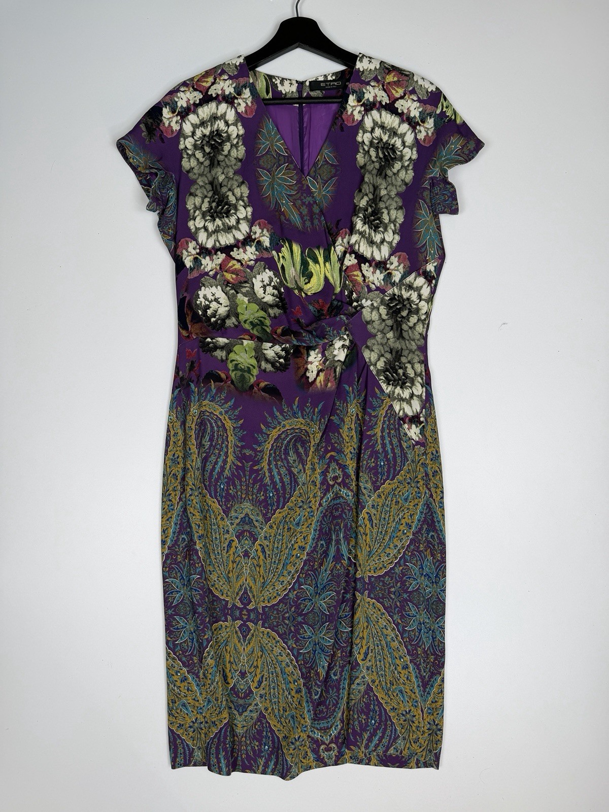 Etro Floral Colorful Paisley Print Short Sleeve V-Neck Midi Dress Womens IT 48