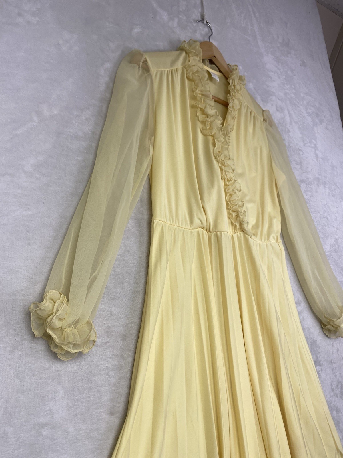 True Vintage 70s Yellow Chiffon Pleated Dress Ruffle Trim Sheer Sleeves USA Made
