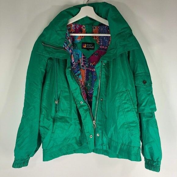 Vintage Andy Johns Green Swishy Windbreaker Medium Geometric Lining Zipper 80s