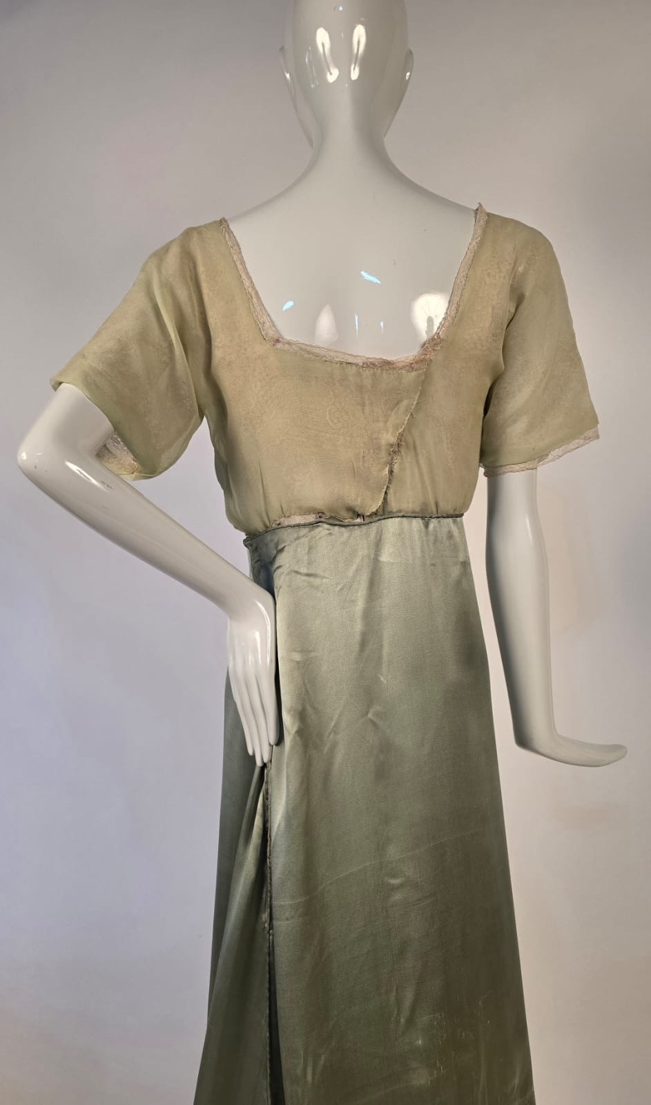 EDWARDIAN 1913 LIBERTY OF LONDON SILK SATIN + CHIFFON GOWN DRESS W TRAIN 