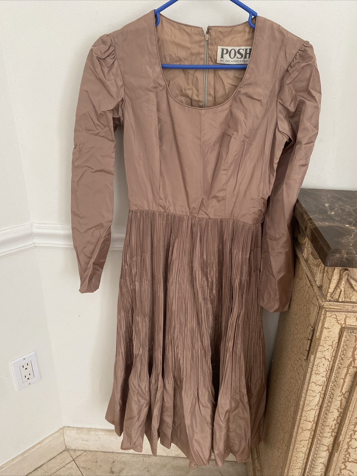 Vintage 1970’s POSH by Jay Anderson Taupe Taffeta Pleated Midi Dress Pristine