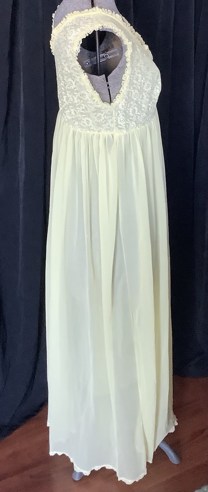 Vintage 1960’s Lemon Yellow Nylon Nightgown Empire Waist Lace Bodice Trim Sheer