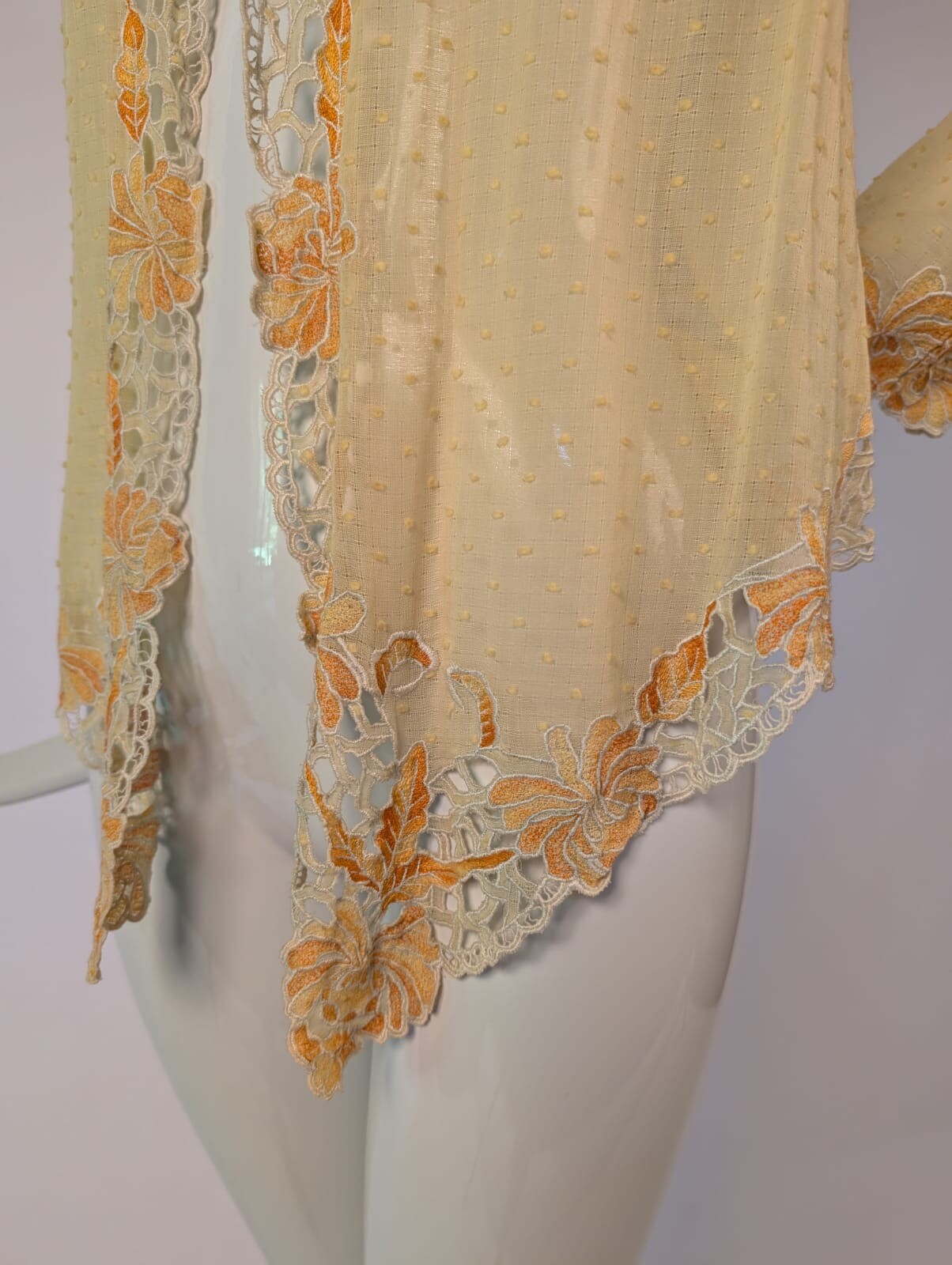 EDWARDIAN SWISS DOT MUSLIN JACKET W BEAUTIFUL FLORAL EMBROIDERED EDGES