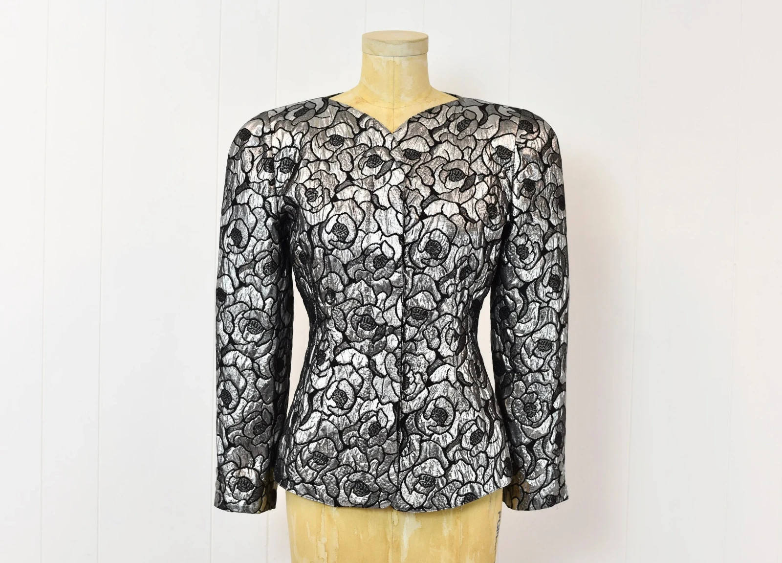 Vintage 1980s Krizia Metallic Silver Black Floral Lurex Blend Jacket Blazer