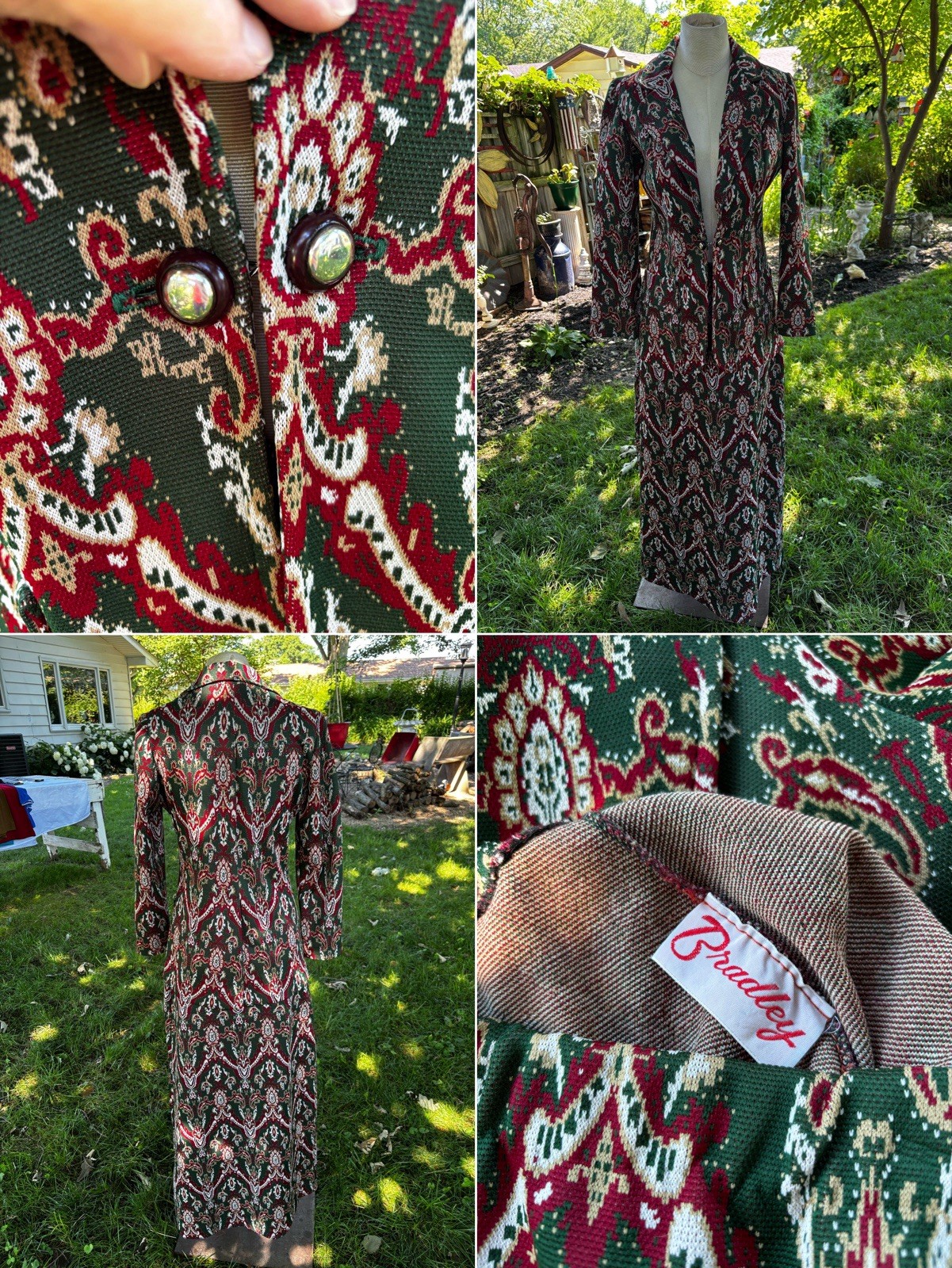 VTG 70s Leisure Suit Paisley Green Red Polyester Women Sz S Bust 34″ Skirt 26W”