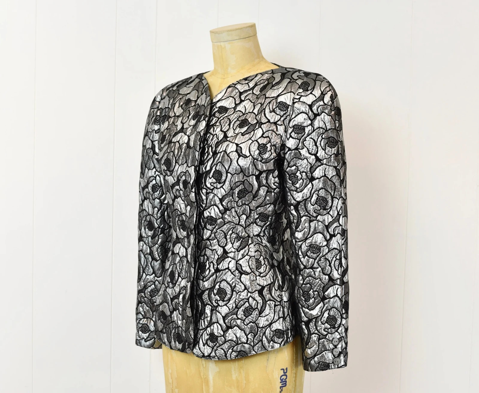 Vintage 1980s Krizia Metallic Silver Black Floral Lurex Blend Jacket Blazer