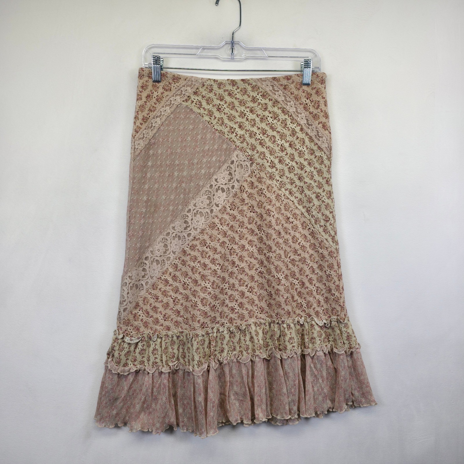 Floral Patchwork Lace Boho Skirt Womens M Pink Cottagecore Coquette Ruffle Y2K
