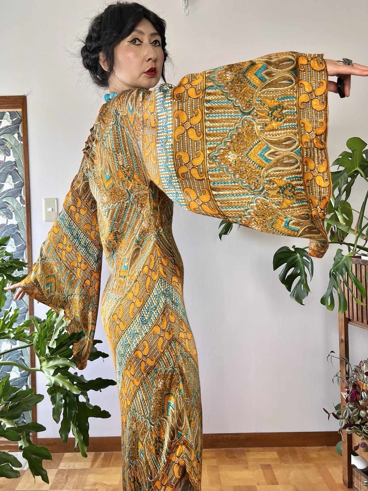 RARE 1960s 70s Psychedelic Chevron Caftan Dress Bias Cut Butterfly Sleeve Boho