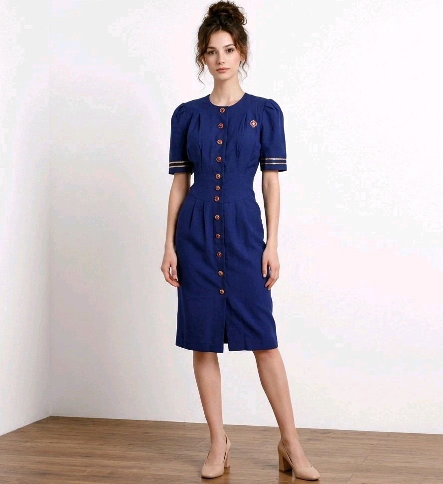 Vintage 80s Blue Midi Pencil Dress Military Nautical Office Pleated Size 6