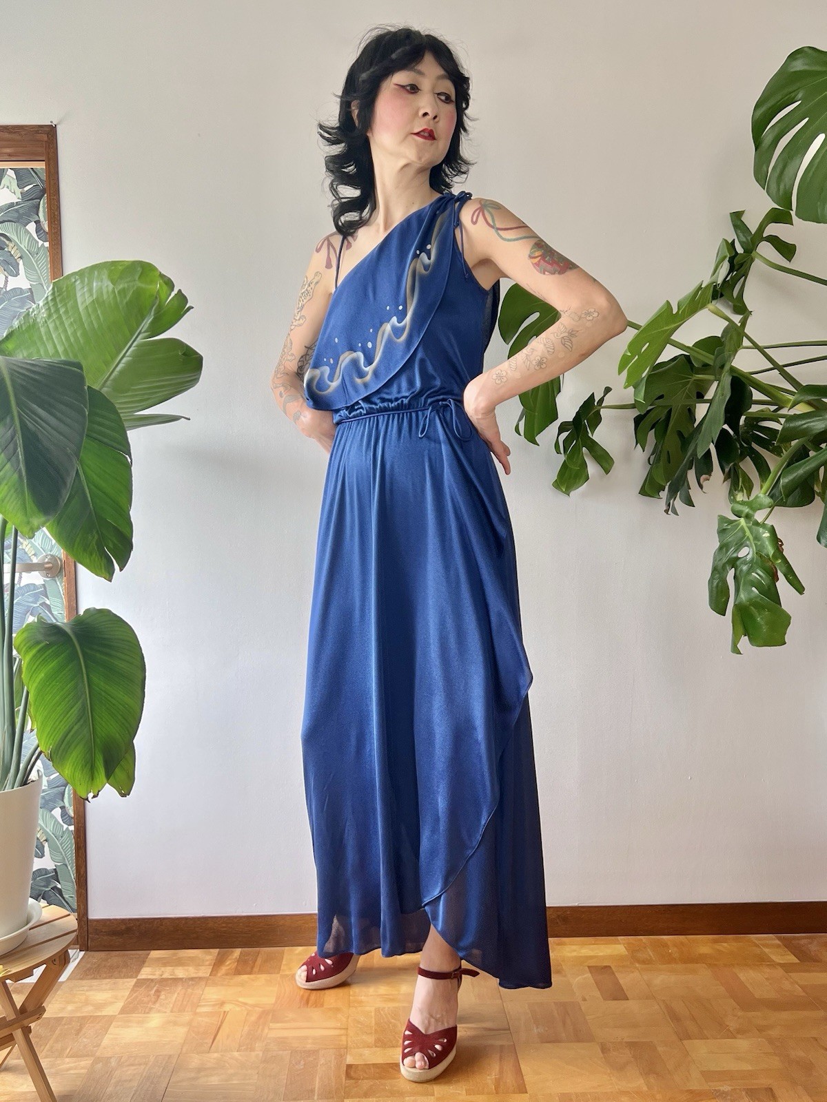 VTG 70s Disco Maxi Dress Airbrush Paint One Shoulder Gown S/M Studio 54 Dress