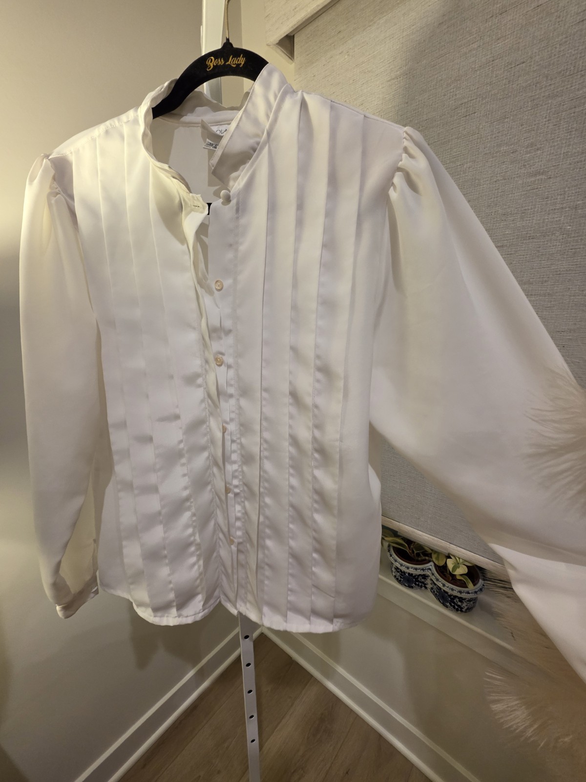 VTG Satin White High Collar Tuxedo Style Victorian Look Blouse Sz. 12