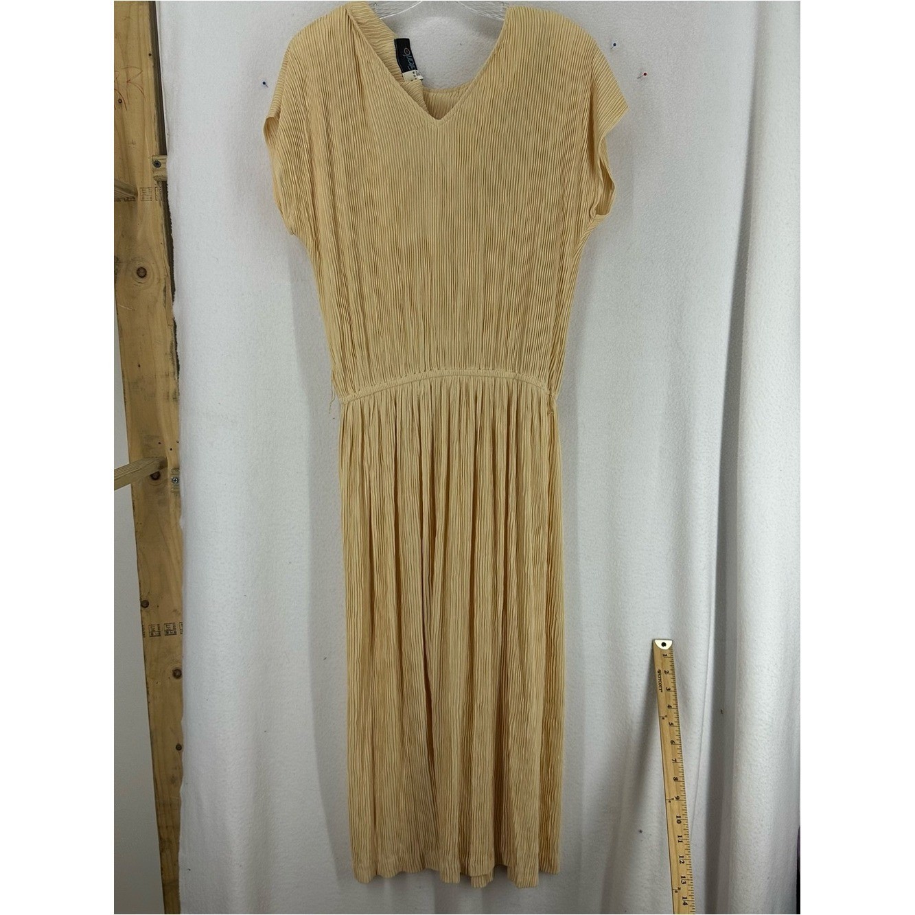 Starlo Dress Women’s Size 17-18 Beige Pleated Midi Short Sleeve Vintage