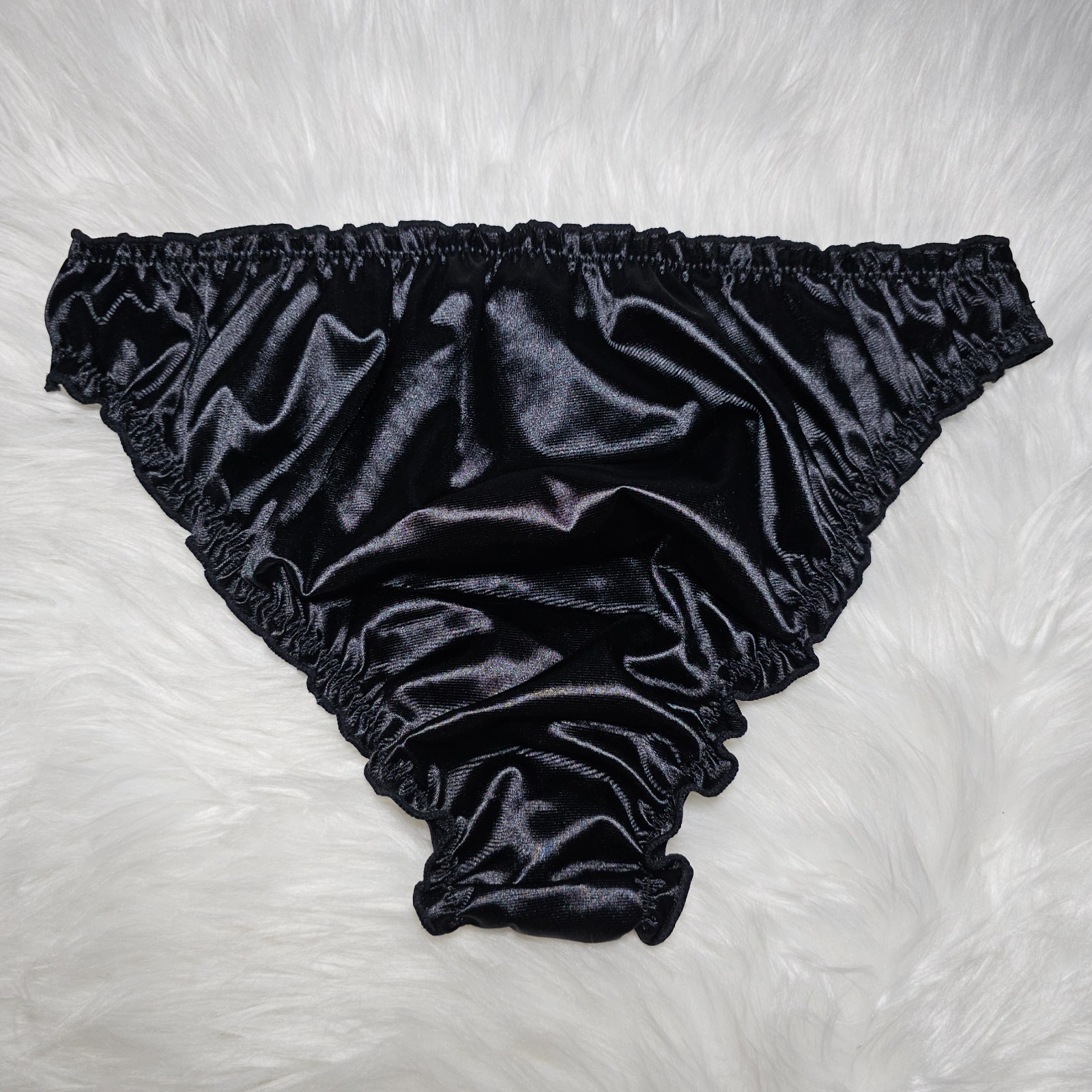 Glossy Nylon Satin Panty Liquid Black Bikini Sissy Ruffle Brief Sz. 8 Hip 40-44″