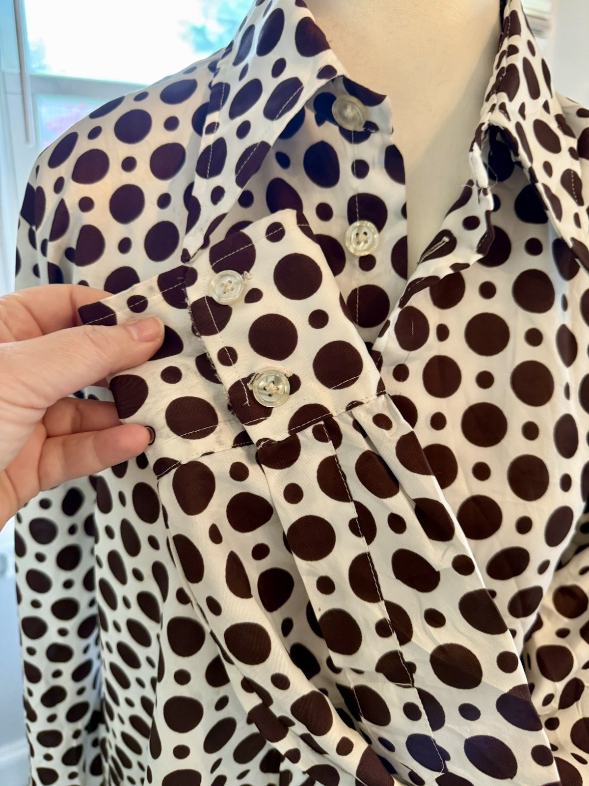 Vintage Givenchy For Chesa Brown Polka Dot Blouse W 70s Lapels Lg Broken Buttons
