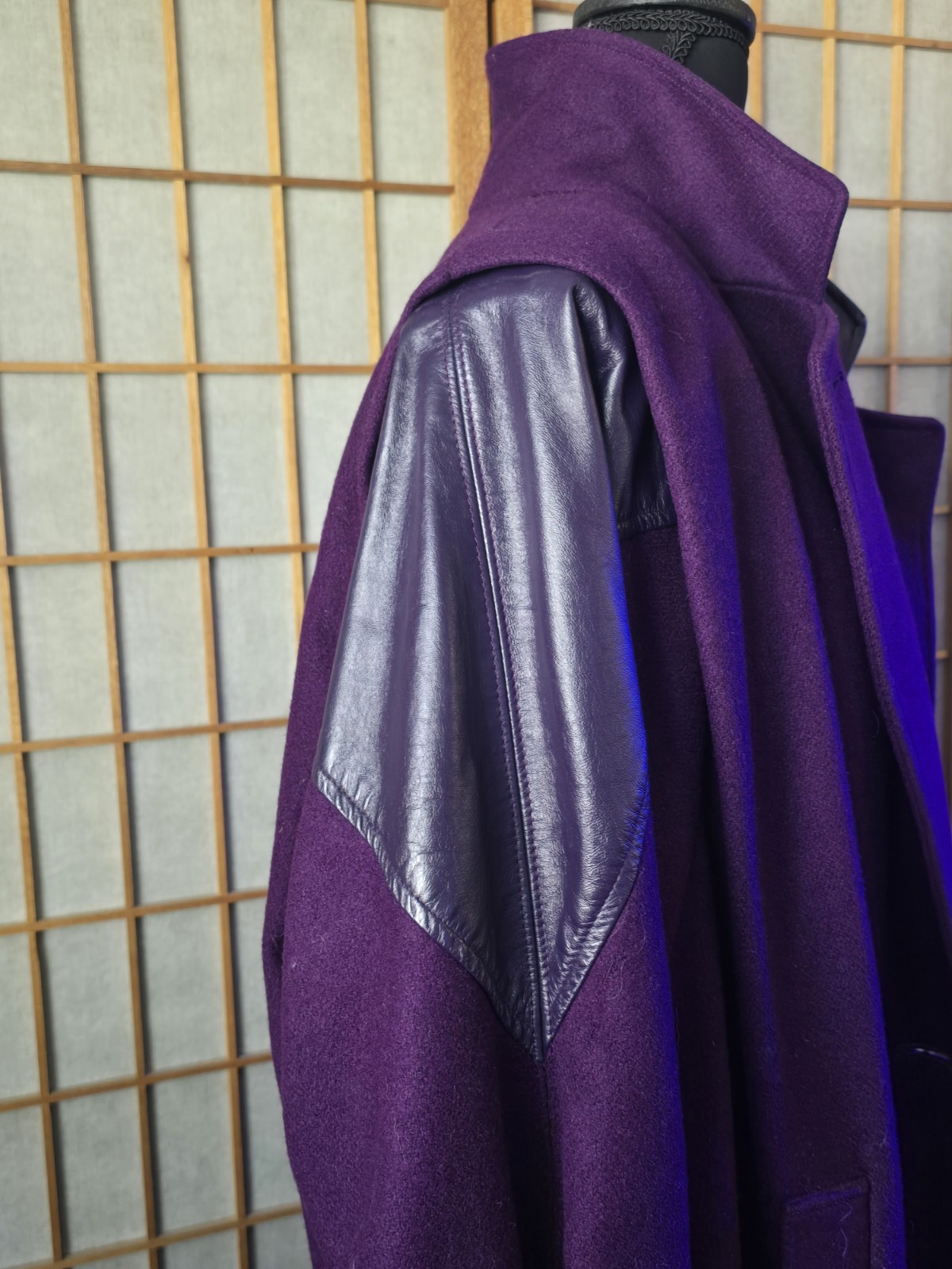 Vintage 1980’s Purple Wool And Leather Coat Women Medium Large