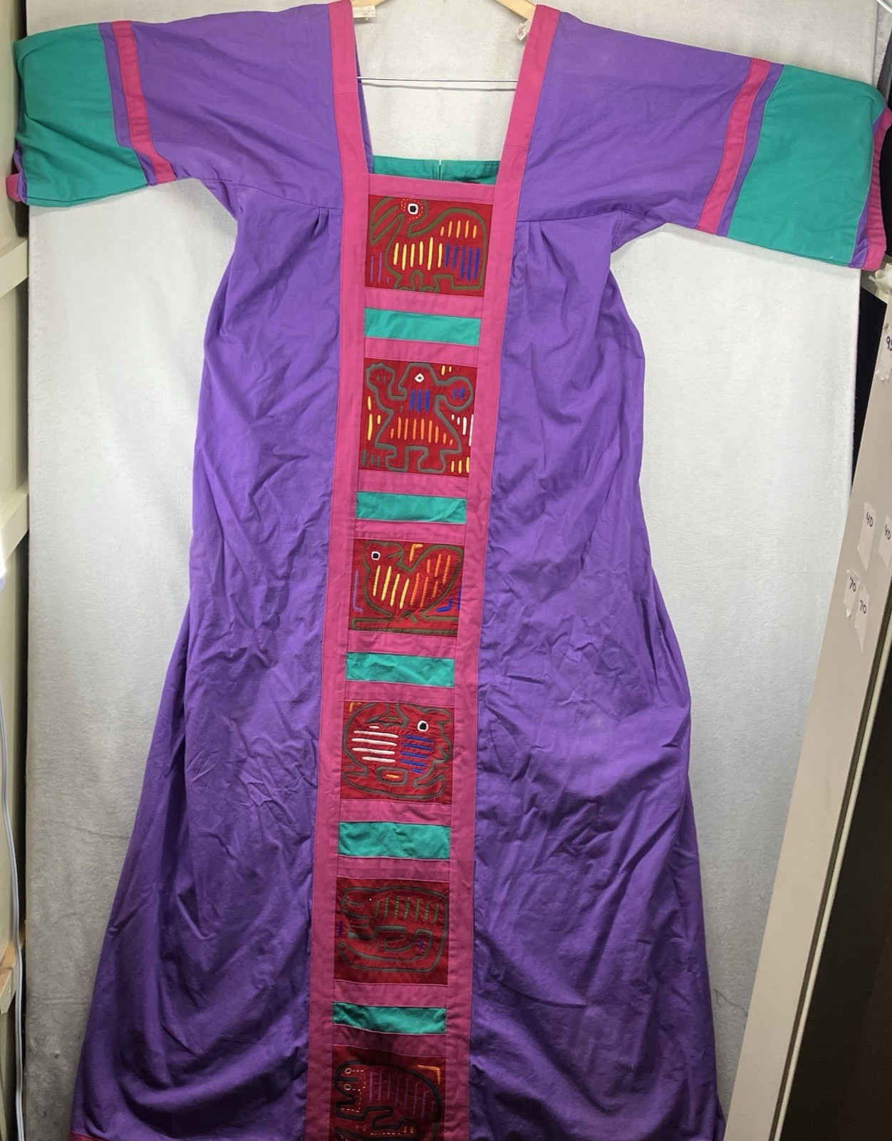 70s South American Wedding Dress Embroidered 42×51 Teal Mauve Large Long Panama