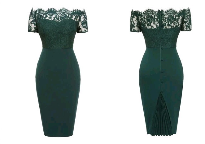 Miusol dark green 1960s lace off-shoulder cocktail or pencil dress with a pleate