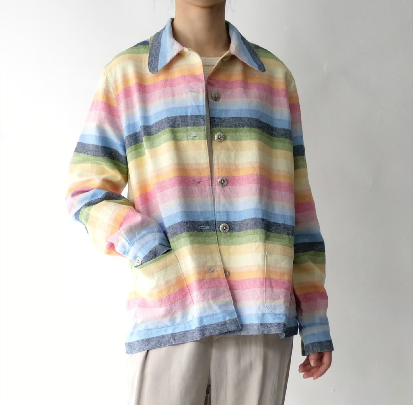 Retro Pastel Rainbow Strip Linen Blend Shirt Jacket 18 Pocket Festival Coachella