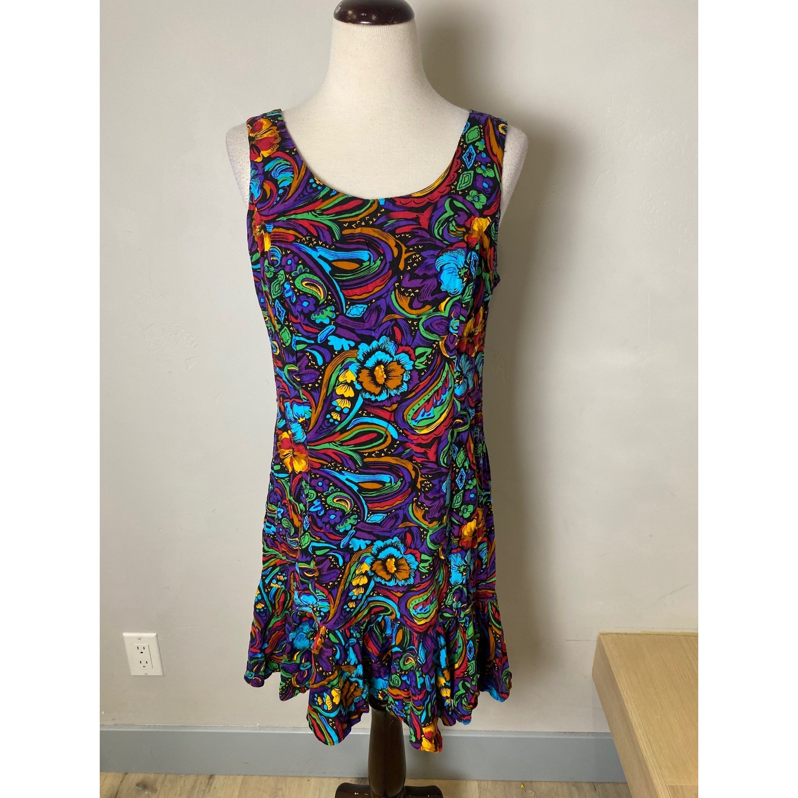 Vintage 90s Multi Color Floral Paisley Ruffle Hem Rayon Dress Party Summer