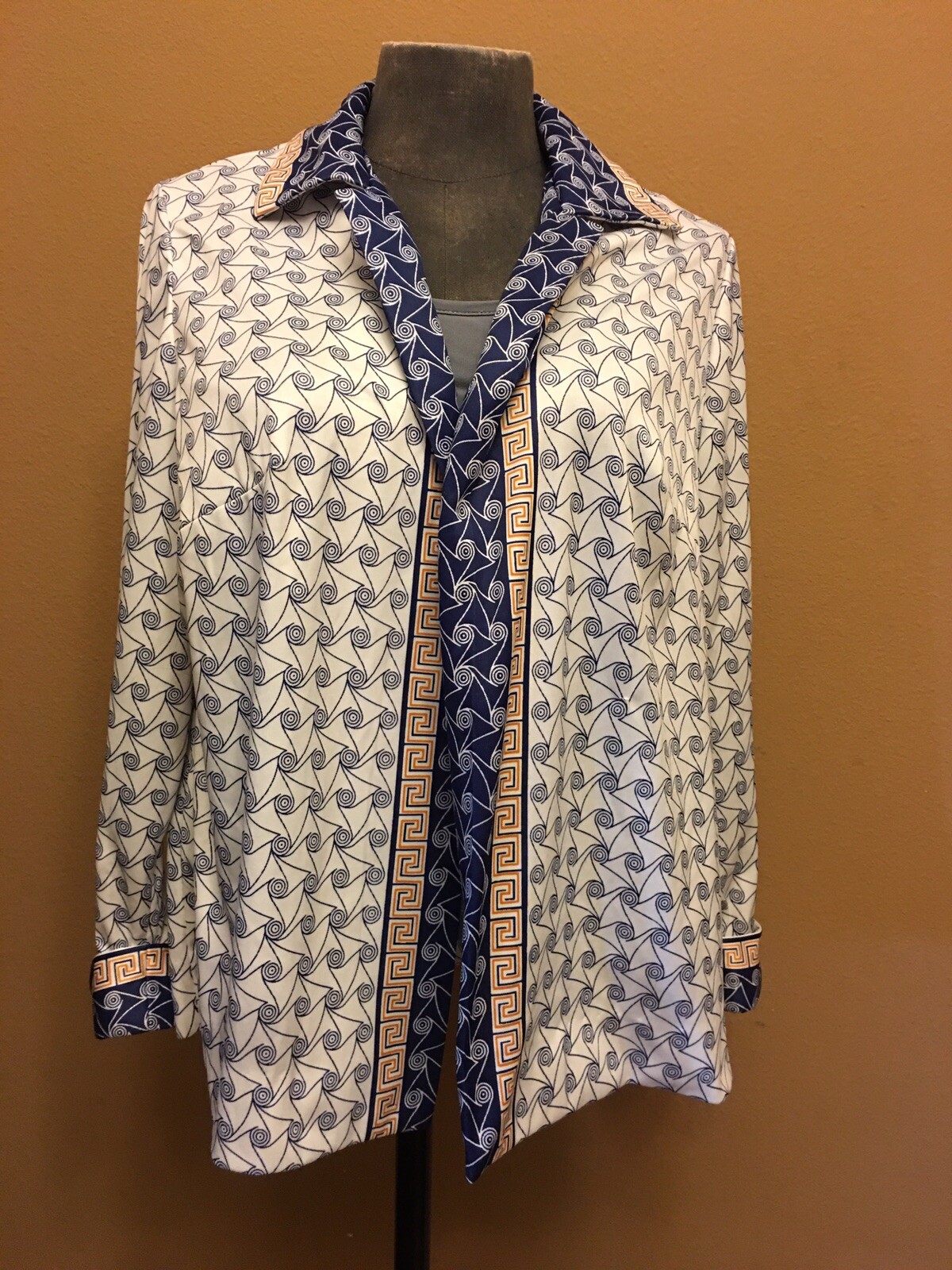 Vtg 70s Leslie Pomer Mod poly Groovy L Jacket Abstract Geometric White Blue