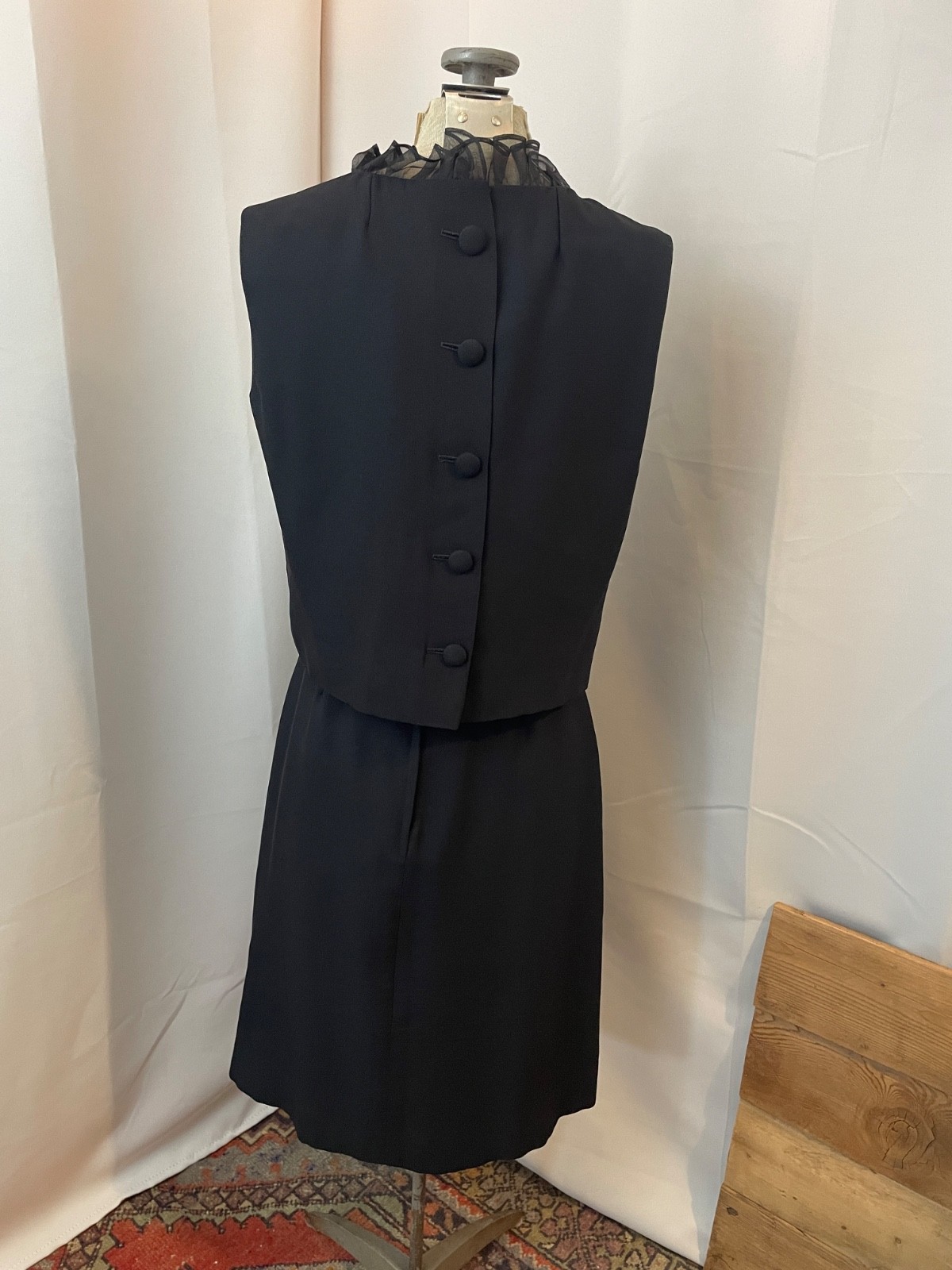 Black Mini Dress Sheer Ruffles Bow Pink Rose 1950s Vintage Coquette Twee 11 S XS