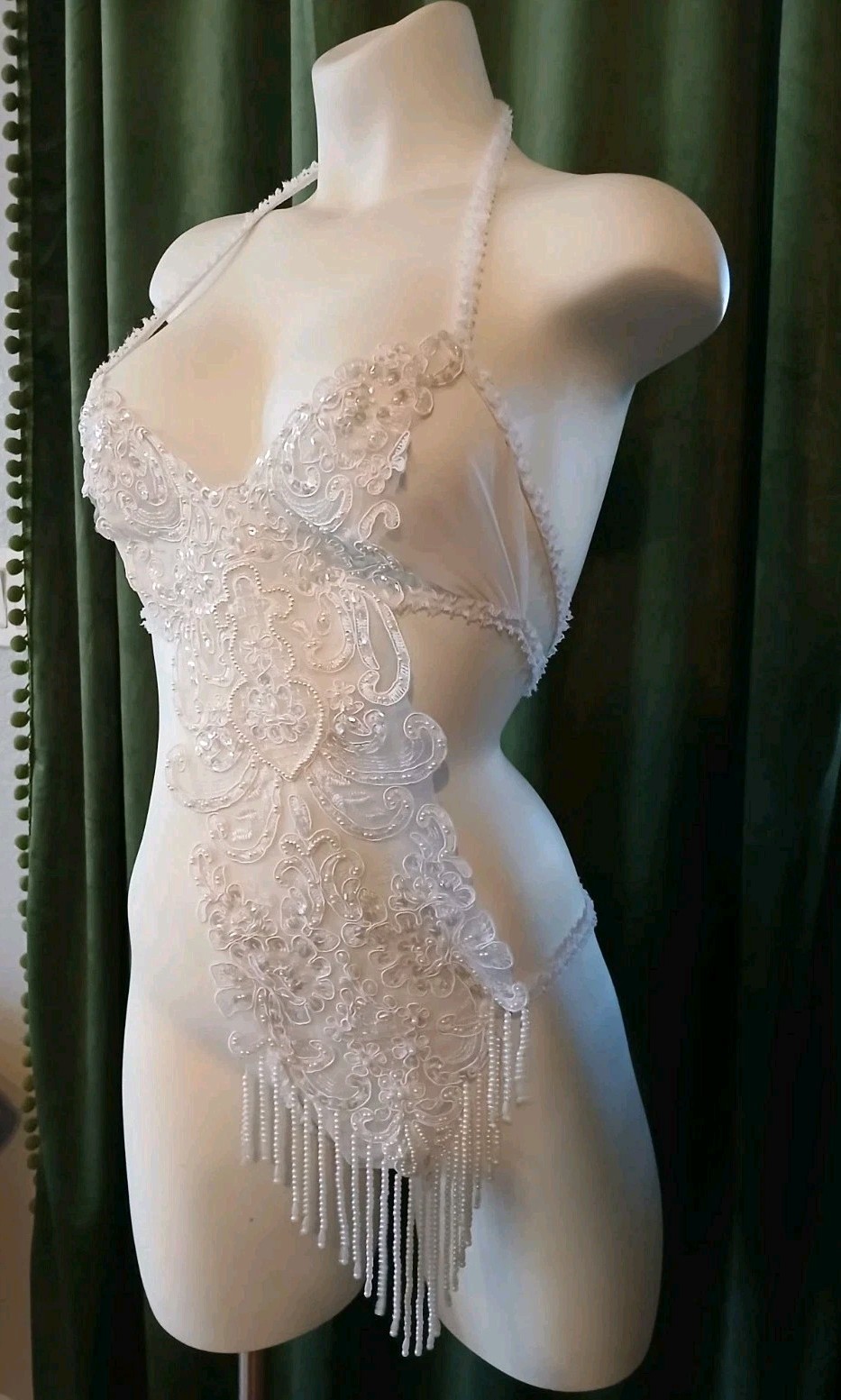 Vintage Fredericks Of Hollywood White Lace Pearl Sequins Burlesque Teddy L/XL