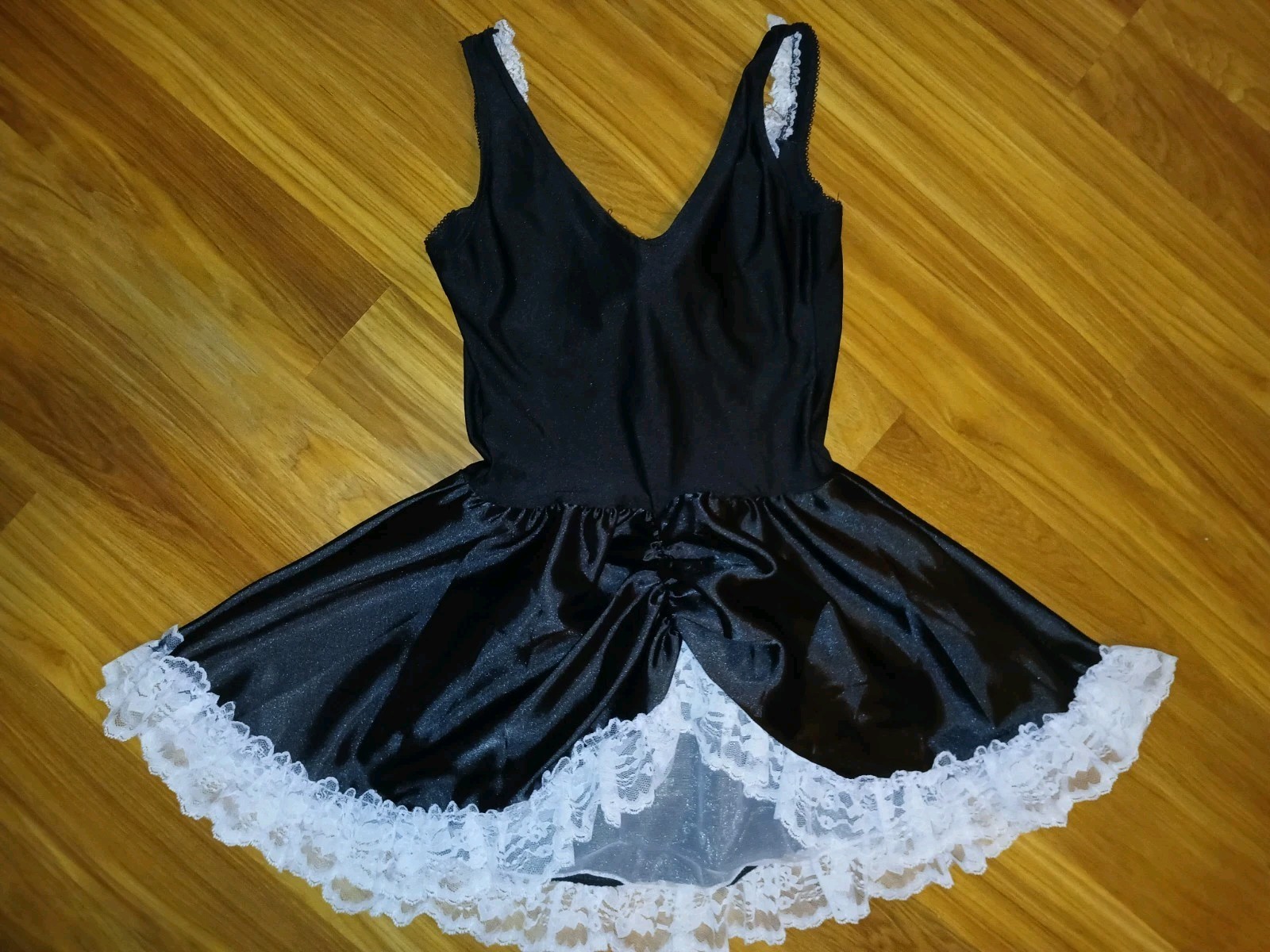 Vintage Fredericks Of Hollywood French Maid Black Satin Ruffle Lace Costume M