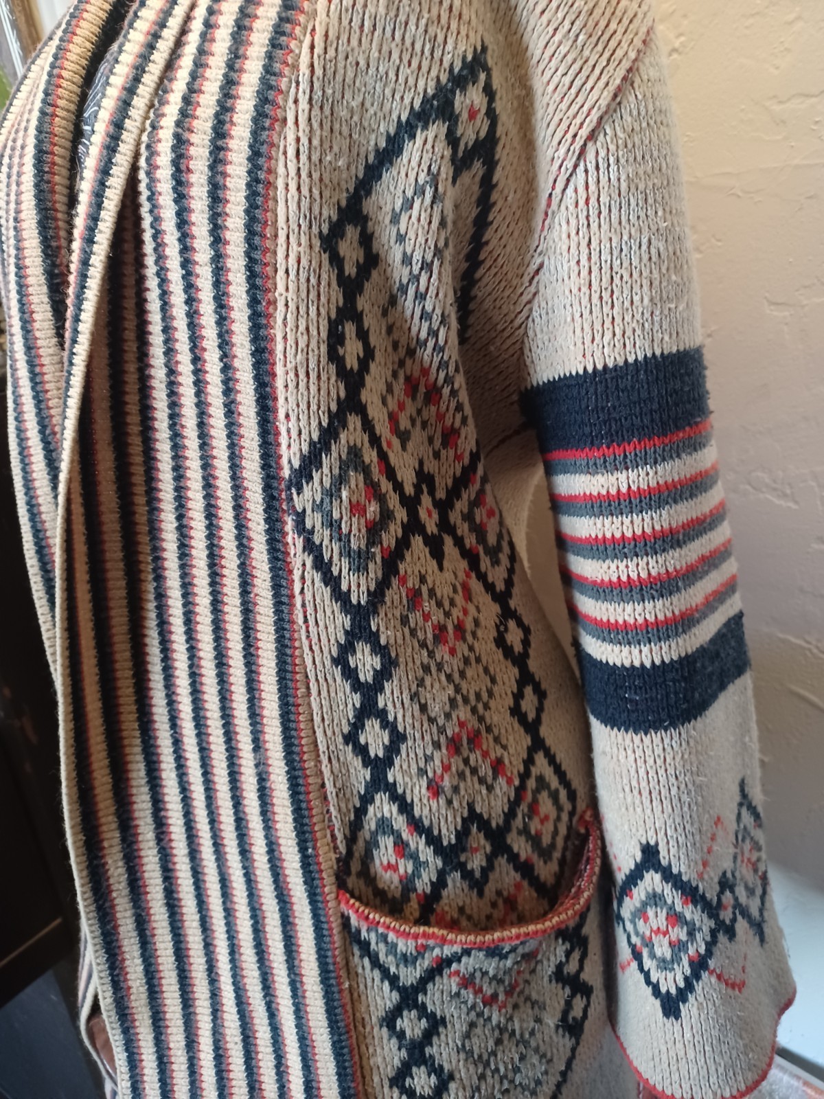 Vintage 70s Boho Geometric Pattern Shawl Collar Cardigan, Wintuck by Sabra