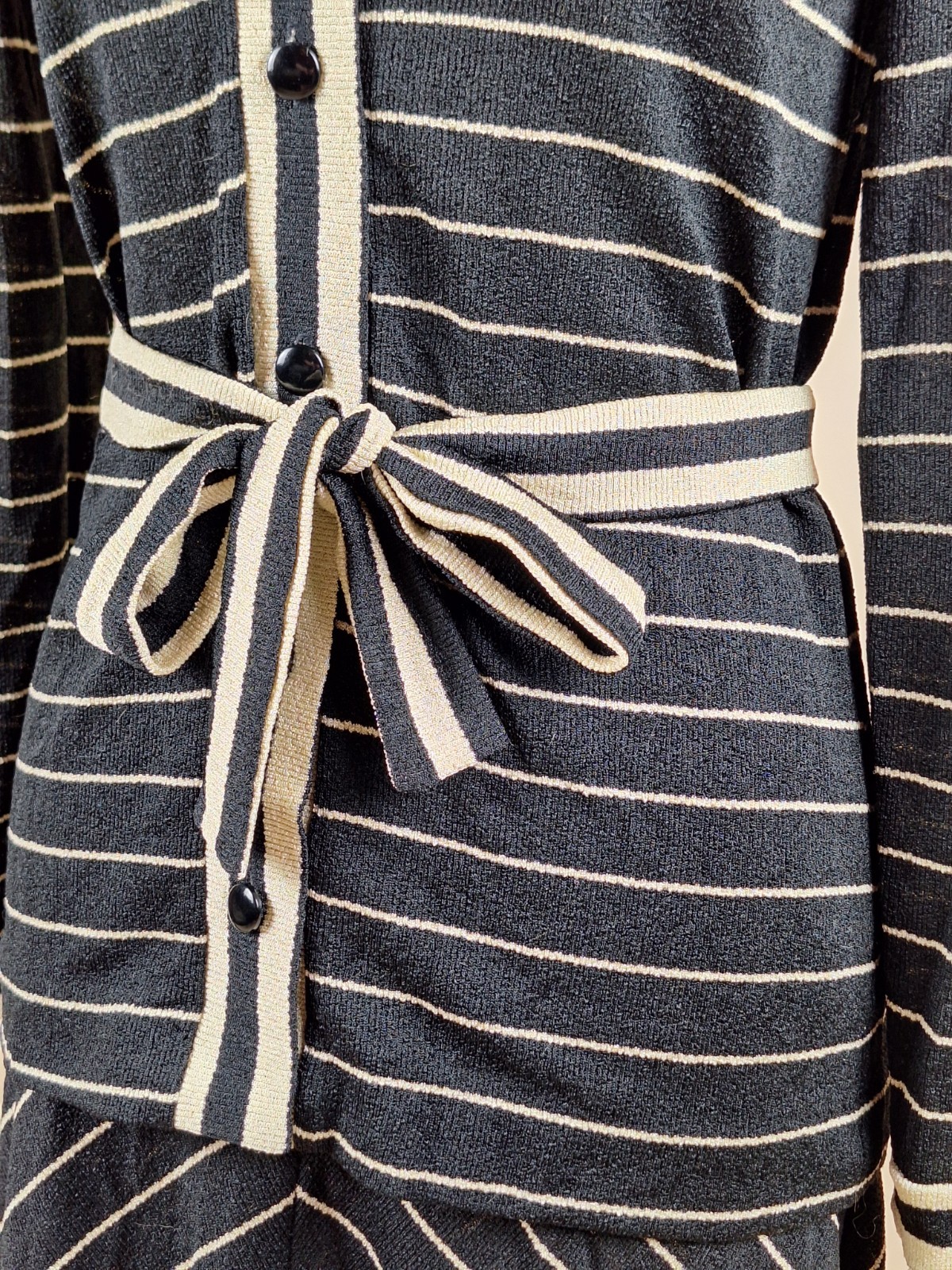 Vintage 1960s Black And Cream Knit Set Sweater Cardigan And Skirt With Ties