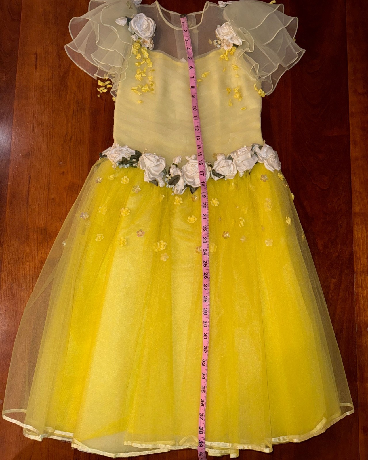 VTG 50s Tulle Gown Prom Dress Yellow Cupcake Illusion Neckline Cotillion XS