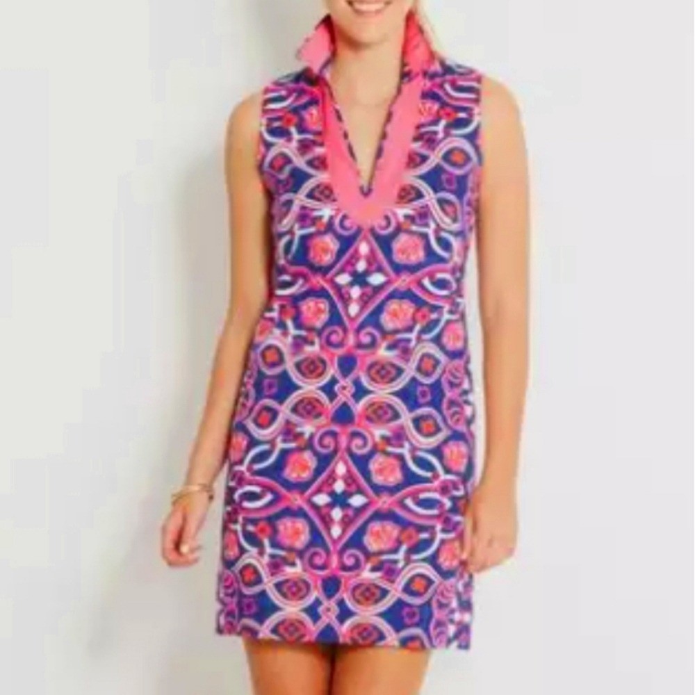 Vineyard vines pink purple white cotton v neck aztec print midi dress size 10