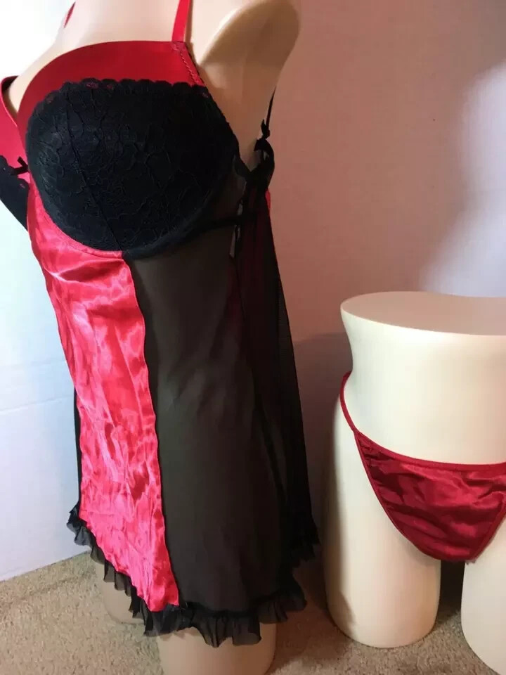 Vtg XL Red SATIN PADDED Babydoll Nightgown &G-STRING PANTY Set Lot 40 Lace Mesh